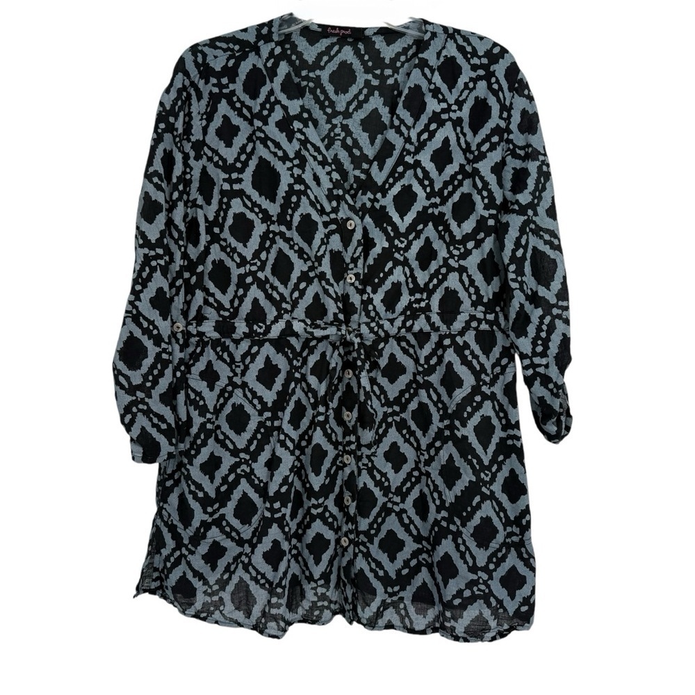 Fresh Produce blue black Button Up Top Womens Pockets Size XL/XXL Tie Waist